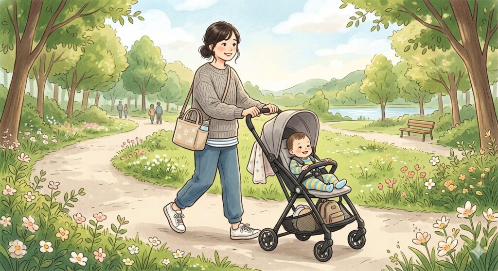 ワンオペお出かけの荷物を最小限にまとめるイメージ